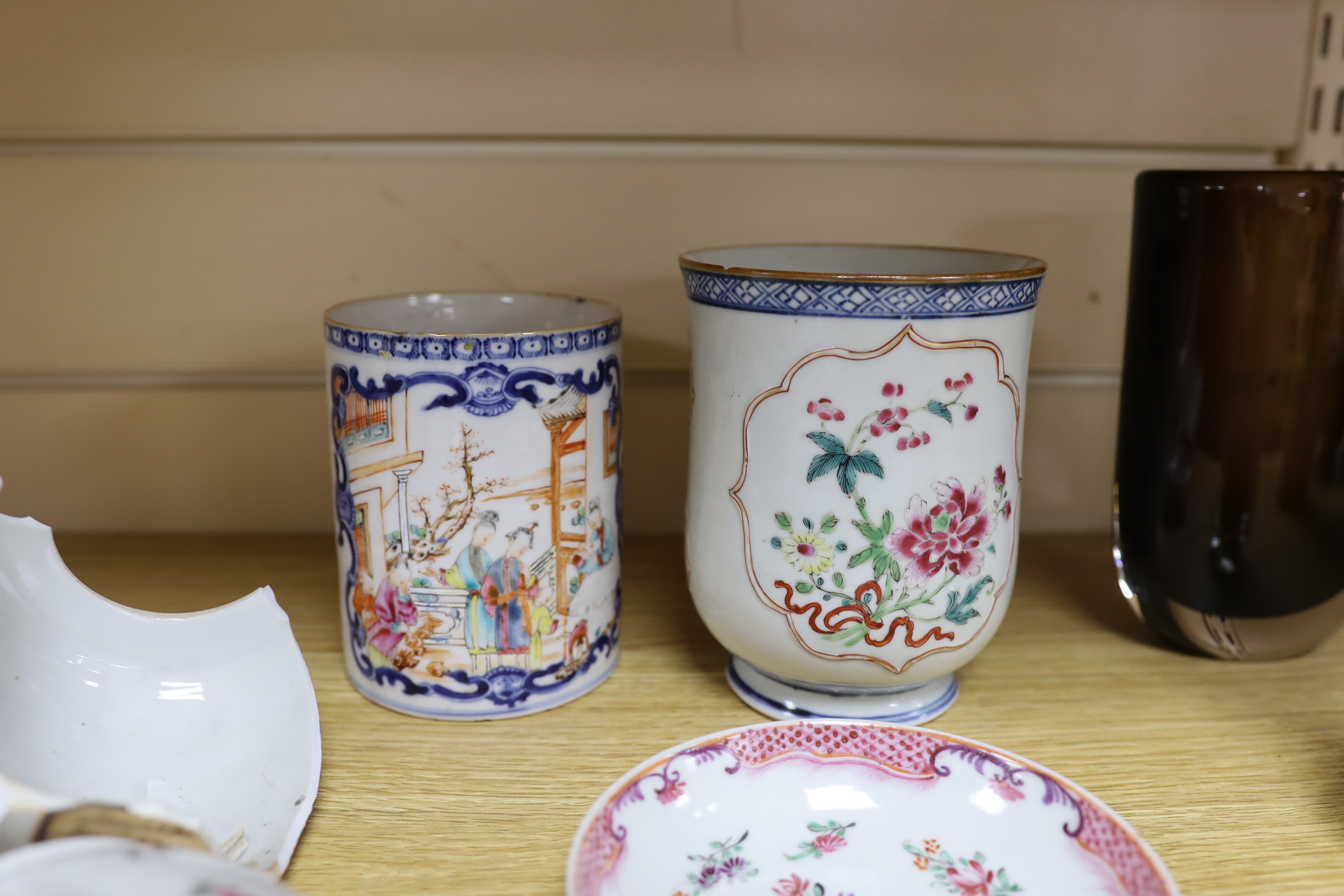 Two Chinese famille rose vessels, a dish and a teapot, tallest brush pot 14cm high (a.f.)